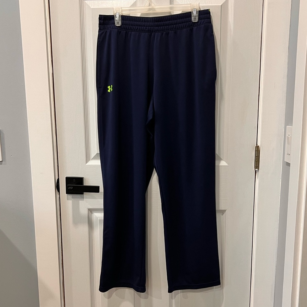 Under Armour Men’s Large Navy Loose Fit Athletic Track Pants Neon Logo